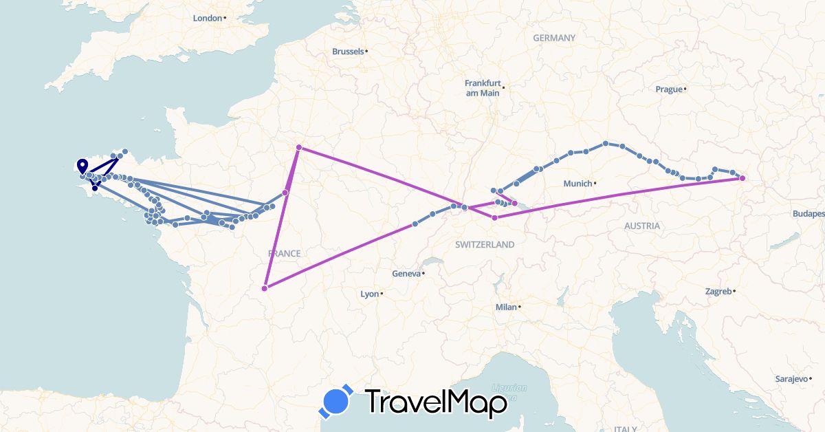 TravelMap itinerary: driving, cycling, train in Austria, Switzerland, Germany, France (Europe)
